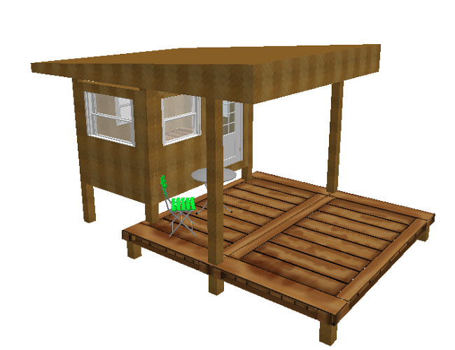 Micro Cabin 3D Rendering with Patio and Secondary Roof